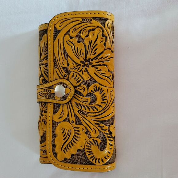Hand tooled leather wallet Mustard yellow 7 1/2"x 4" BOHO Chic Mexican Artisan - Picture 1 of 8